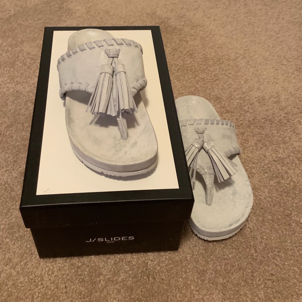 J/Slides Silver Tassel Leather FlipFlops NIB 6